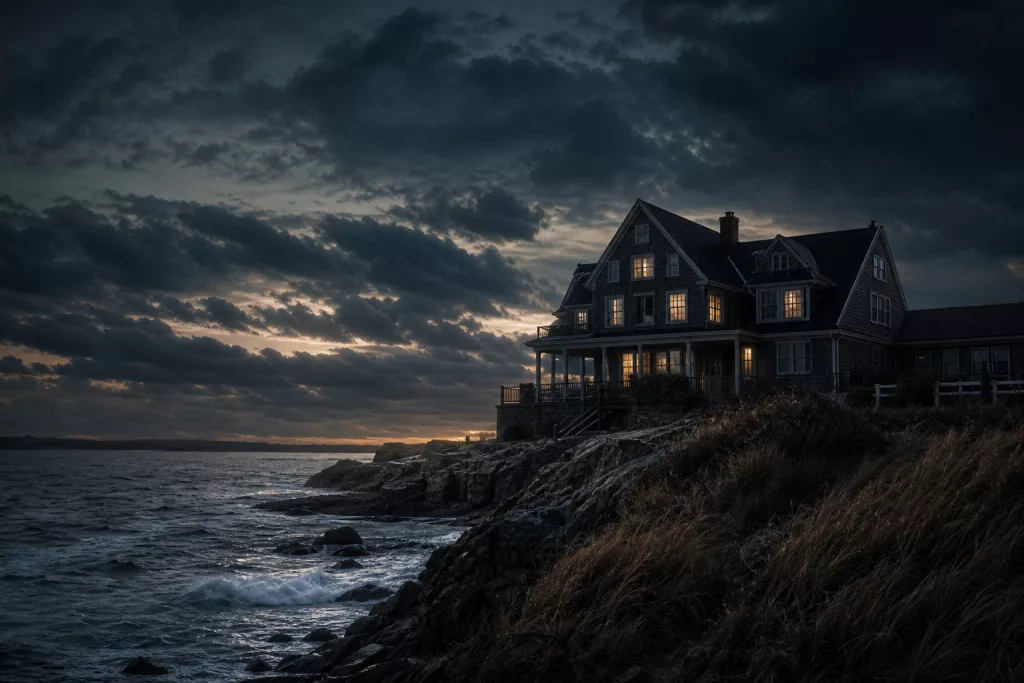 Moody coastal house at dusk with a supernatural romantic-thriller atmosphere for a Remain article.