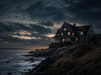 Moody coastal house at dusk with a supernatural romantic-thriller atmosphere for a Remain article.