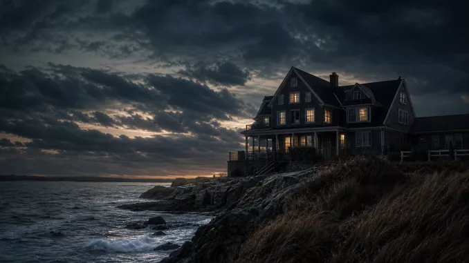 Moody coastal house at dusk with a supernatural romantic-thriller atmosphere for a Remain article.