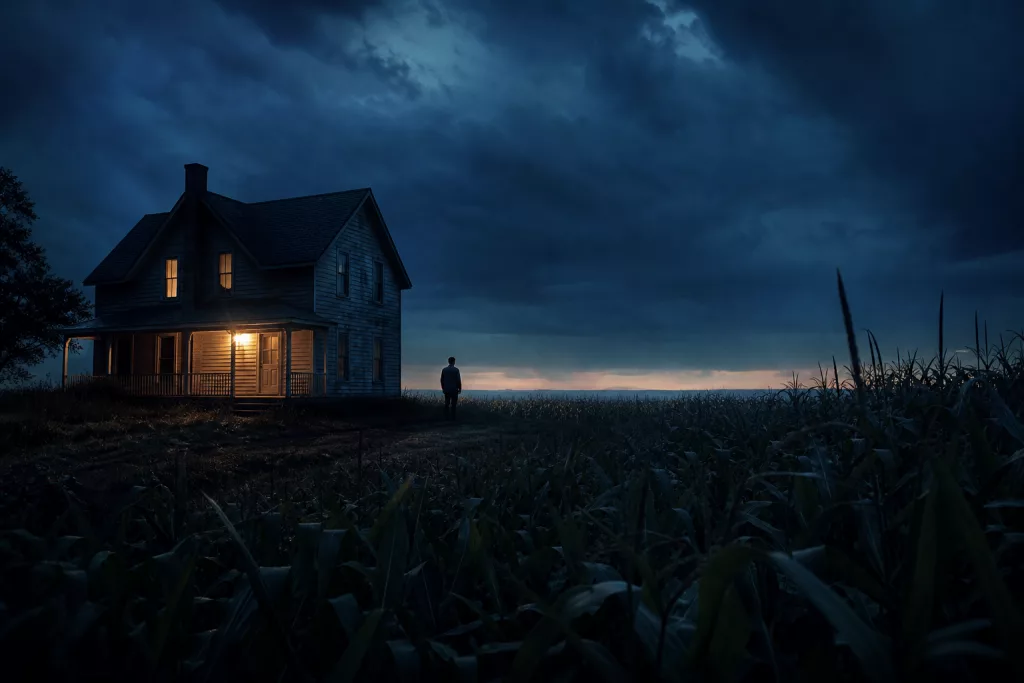 Twilight farmhouse and cornfield with a mournful, suspenseful mood for a Signs grief article.