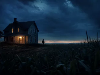 Twilight farmhouse and cornfield with a mournful, suspenseful mood for a Signs grief article.