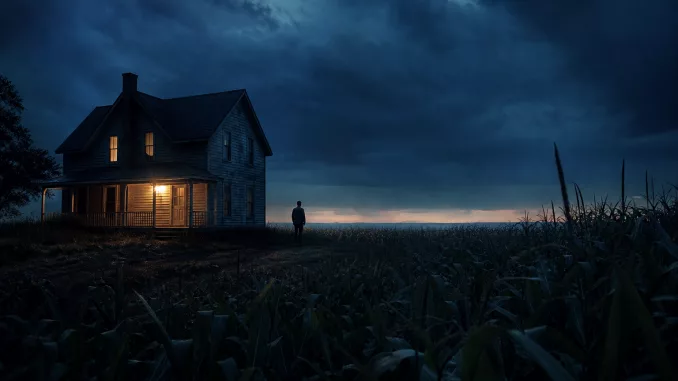 Twilight farmhouse and cornfield with a mournful, suspenseful mood for a Signs grief article.