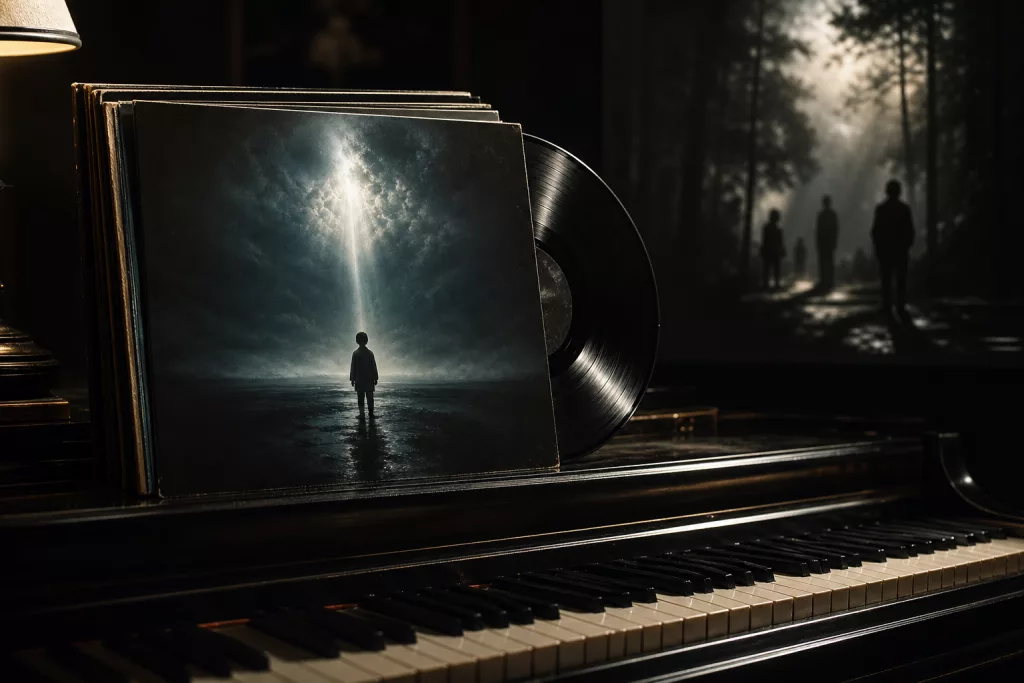 Moody piano keys and soundtrack imagery in deep shadow for a Shyamalan soundtrack guide.