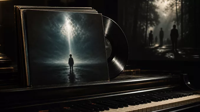 Moody piano keys and soundtrack imagery in deep shadow for a Shyamalan soundtrack guide.
