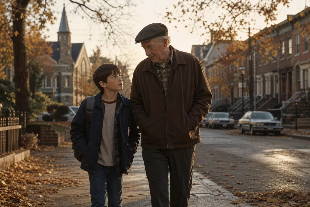 Warm autumn neighborhood scene with a boy and his grandfather for a Wide Awake article.