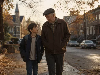 Warm autumn neighborhood scene with a boy and his grandfather for a Wide Awake article.
