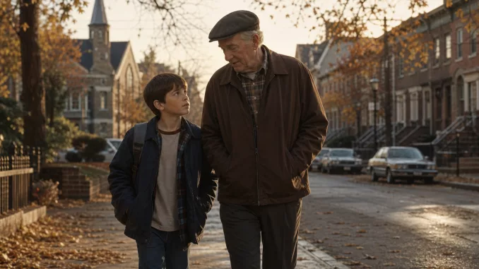 Warm autumn neighborhood scene with a boy and his grandfather for a Wide Awake article.